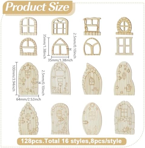 128 Pcs Fairy Doors, 16 Styles Wooden Miniature Garden Door Unfinished DIY Blank Windows for Miniature Fairy Room Decorations - Image 2