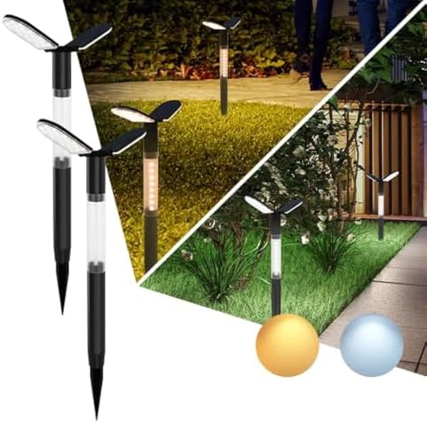 EMANER Solar Flood Lights Outdoor 2-Pack - Warm White & Daylight, Dusk to Dawn Solar Pathway Lights with Stake for Garden, Lawn, Landscape & Patio Pathway (H27, 3000mAh, 20+Hrs Runtime) by EMANER%C2%AE