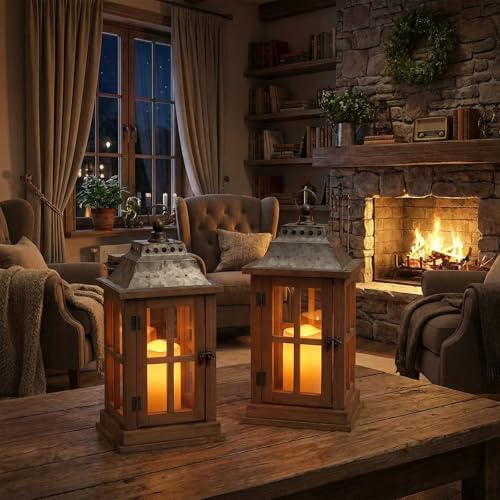 Bdor 15 Inch Outdoor Decorative Lanterns, Set of 2 Wooden Candle Lanterns - Image 3