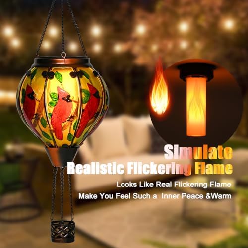 Hot Air Balloon Solar Lantern - Cardinal Bird Glass Lantern, Simulated Flickering & Dancing Flame, Outdoor Hanging Yard Light Waterproof IP65 for Patio Lawn Porch Decor Gift - Image 2