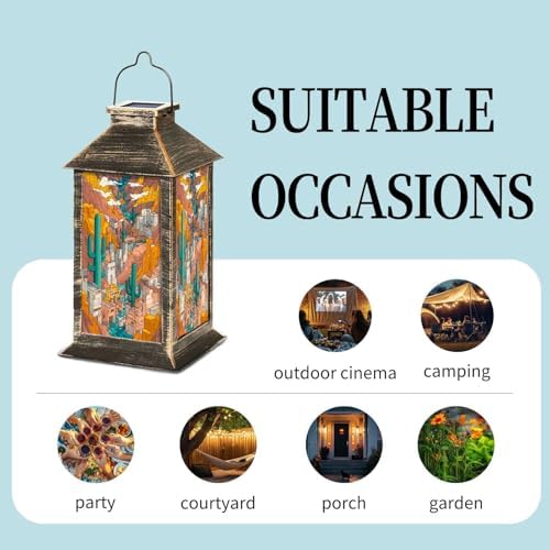 Solar Lantern Western Stained Mountains Earthy Tones Outdoor Waterproof Garden Hanging Lantern Solar Powered Lighting Outside Table Lamp for Patio Deck Camping 1 Pack - Image 5