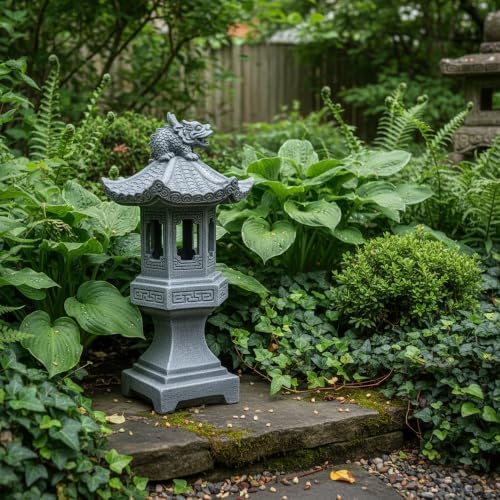 Chinese Pagoda Dragon Lantern Statue, Stone-Look Garden Decor by Unknown