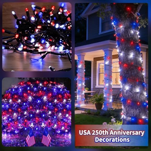 Solar String Lights Outdoor 2 Pack 480 LED Christmas Lights Red White Blue - Image 7