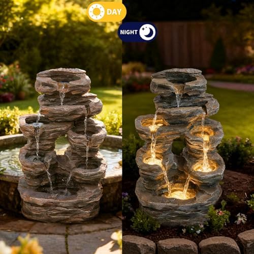 7-Tier Cascading Outdoor Fountain with LED Lights, 23.6" H Rock Water Fountain, Fountains and Waterfalls with Stone-Look for Garden, Patio, Yard Decor - Image 4