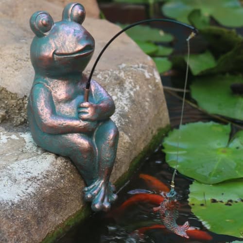 Antique Copper Fishing Frog Statue - Outdoor Garden Statue & Koi Pond Decor by GardenWhisper