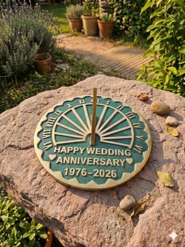 Brass Sundial Garden Clock Wedding for Couples Engraved Roman Numeral Sundial –50th Anniversary (Green/Brass, 10 Inch) - Image 2
