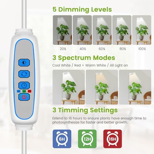 Kullsinss Grow Lights for Indoor Plants, 80 LEDs Full Spectrum Plant Lights for Indoor Growing with 2 Mounting Options, 6/12/16H Timer, 3 Spectrum Modes, 9.8"-37" Height Adjustable Grow Lamp, 2 Pack - Image 4