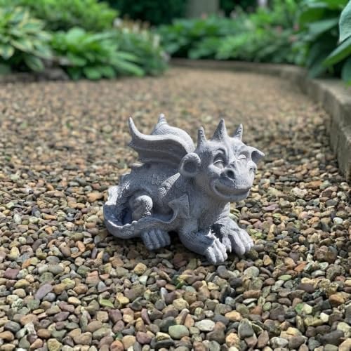 OLOMA Smiling Little Dragon Concrete Statue Outdoor Mythical Creature Outdoor Decor Fantasy Drake Figurine Handcrafted Sculpture Stone Gargoyle Ornament Weather Proof Accent Fantasy Gift by OLOMA