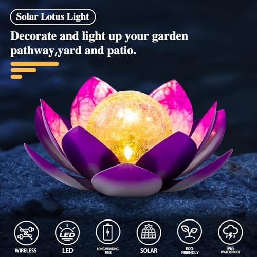 AIINY Solar Light Outdoor Decor Art Crackle Globe Glass Lotus Decoration, Solar LED Waterproof Purple Metal Flower Lights for Patio,Lawn,Walkway,Tabletop(2Pack) - Image 2