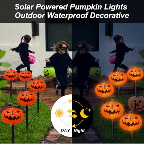 BRIGHTDECK Halloween Solar Pathway Lights Outdoor, LED Decor, Light Up Solar Stake Lights for Holiday, Halloween, Walkway, Sidewalk (Flat Pumpkin, 10-Pack) - Image 5