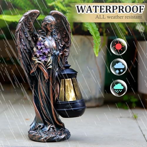 VChymm Solar Angel Outdoor Garden Decor Statues – 13.2 inches Solar Outdoor Sculptures for Outside Yard Art Patio Balcony Front Lawn Ornaments Gifts for Mom Grandma Women（Bronze） - Image 5