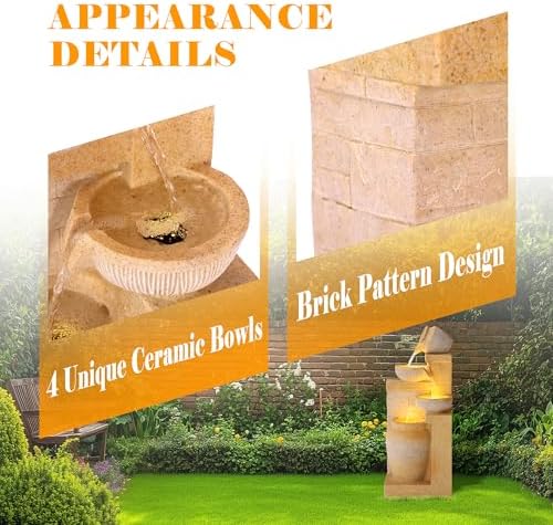 4-Tier Outdoor Garden Water Fountain, 32" H Freestanding Resin Cascading Bowls Fountain with LEDs and Pump, Modern Fountains and Waterfalls for Yard, Porch and Patio Indoor Decor - Image 5