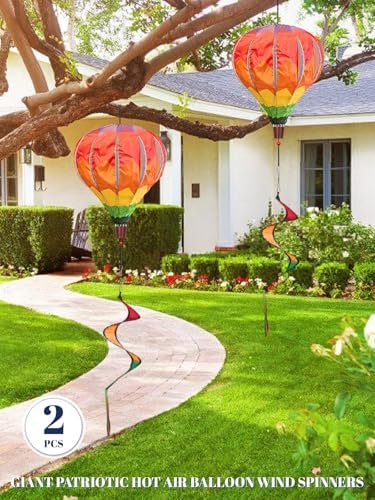 2PCS Giant Rainbow Hot Air Balloon Wind Spinners 14" W x 59" H Large Multicolor Whirligig Wind Spinner Hanging Ornaments for Yard Garden Lawn Outdoor Decorations (Multicolor-2) - Image 2