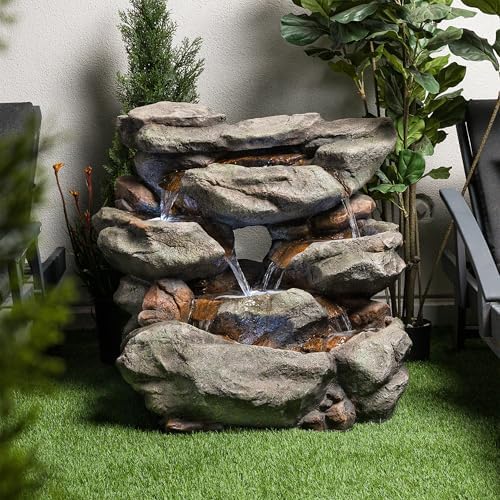 Alpine Corporation WIN734 31" Outdoor 6-Tier Rainforest Waterfall Fountain with LED Lights – Cascading Water Feature for Patio, Backyard, and Garden Décor, Gray - Image 2