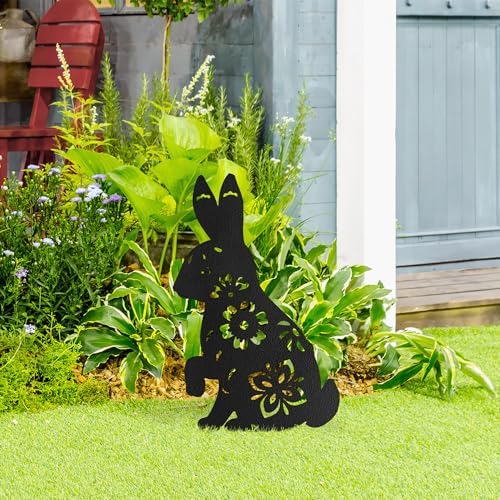 Floral Bunny Metal Garden Stake Decorative, Floral Cutout Design Silhouette Statues for Yard Art, Outside, Patio, Outdoor Decor, Garden Decorations, Lawn Ornaments - 14" Black - Image 3