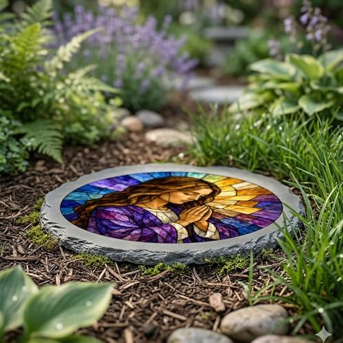 Magnolia Garden 10-Inch Praying Woman Stepping Stone - Faux Stained Glass Religious Garden Stone, Weather-Resistant Resin Pathway Accent, Inspirational Christian Outdoor Yard Decor & Walkway Plaque - Image 4
