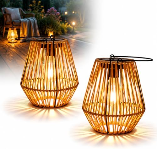 Handwoven Rattan Solar Lanterns, Waterproof Outdoor Hanging Solar Lanterns with Handles, Boho Ambient Lights for Garden, Patio, Yard, Porch, Pathway & Table Decor (2) by Unknown