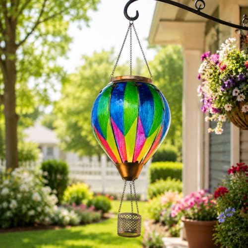Colorful Glass Solar Hot Air Balloon Lantern, Hanging Garden Light - Image 2