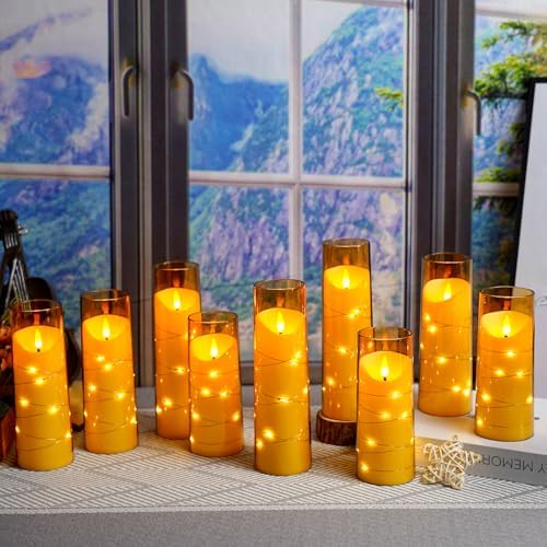 Eebuss Flameless Candles with Embedded Star String, Battery Operated LED Pillar Candles with Timer and Remote Control,Home Decorating for Ambiance， Set of 9 (Gold) - Image 3