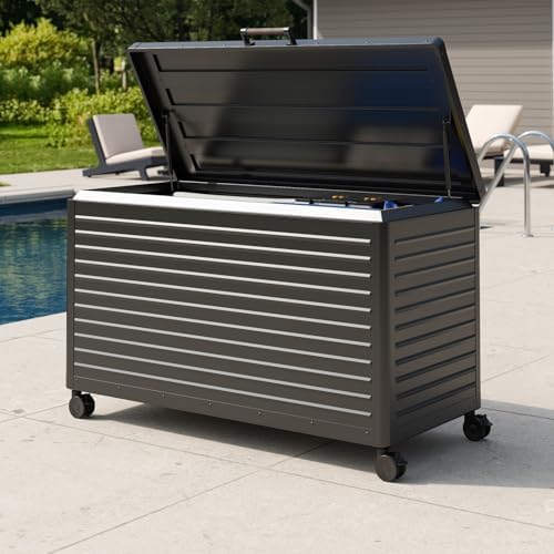 MIRADOR 134 Gallon Outdoor Storage Box with Wheels & Soft-Close Lid, Waterproof Metal Deck Box for Patio Cushions, Garden Tools & Pool Accessories, Charcoal by Mirador