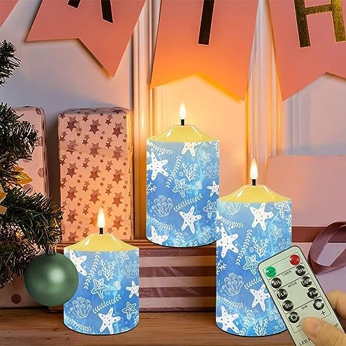 Cozeyat Flickering Flameless Candles with Timer Blue Ocean Starfish Design 4/6H Timers Tealights, Ivory Pillar Battery Operated Candles with Dancing LED Flame Set of 3 - Image 5