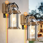 OKELI Dusk to Dawn Outdoor Wall Lights with GFCI Outlet, Waterproof Rustic Farmhouse Wall Lanterns with Clear Glass Shades, Anti-Rust Outside Fixture Lights for Garage Patio Porch, Wood Grain, 2 Pack by OKELI