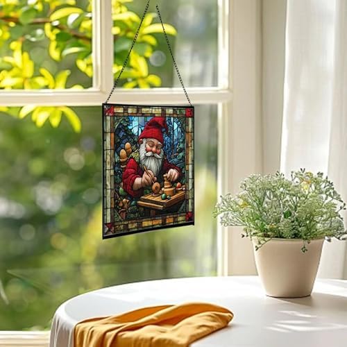 Gnome with Wooden Toys Stained Glass Suncatcher – Square Hanging Window Panel for Home, Garden, Nursery, Halloween, Christmas, Memorial Day – Whimsical Glass Art Gift for Gnome Lovers u59o41 - Image 3