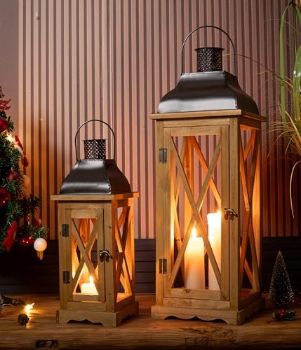 Venalys Farmhouse Wooden Metal Candle Lantern Set of 2, Rustic Large Decorative Floor Lanterns, Indoor/Outdoor Hurricane Lantern for Home Decor (No Glass) by Venalys