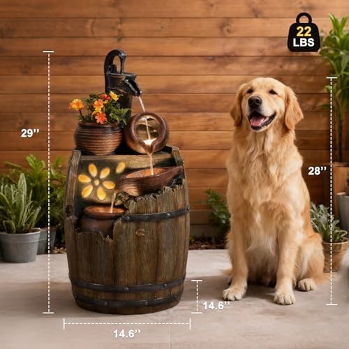 Water Fountain Outdoor 29" H Outside Floor 3 Tiered Rustic Barrel with Light, Pump for Garden, Patio, Deck, Porch, Backyard Home Decor - Image 2