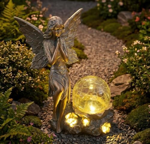 Solar Fairy Outdoor Statues with LED Crackle Glass Ball Garden Decor, Resin Fairy Sculpture & Statue for Patio, Yard, Lawn Decoration, Copper Bronze Angel Statues with Solar Flower Lights Accessories by DHOBY+GHAUT