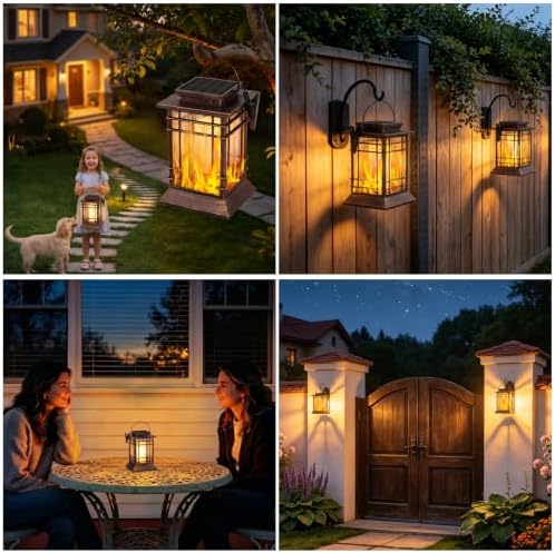 Brightever 4 Packs Solar Lanterns Outdoor Waterproof, Upgraded Flickering Flame Solar Lantern Lights with Handle, Auto On/Off Hanging & Standing Lantern for Yard Garden Table Decor, Bronze - Image 2