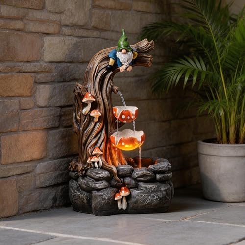 Tolevoit Gnome Outdoor Water Fountain with Warm LED Lights, Cascading Mushroom Waterfall on Tree Stump, Whimsical Garden Decor & Yard Art for Patio, Lawn, Porch and Indoor Tabletop - Image 2
