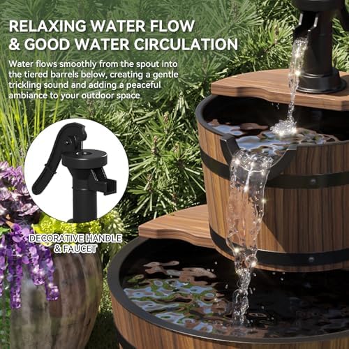 Aoxun 2-Tier Outdoor Water Fountain, Wood Barrel Cascading with Electric Decorative Hand Pump, Rustic Waterfall Fountain for Garden, Backyard, Patio, Porch, Yard - Image 5
