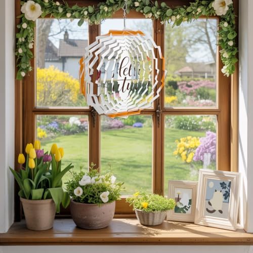 10 Inch Autumn Maple Leaves Wind Spinner for Yard and Garden,Thanksgiving Farmhouse Orange Striped Hanging Ornaments Outdoor 3D Kinetic Wind Sculpture Spinners Indoor Outdoor Patio Décor Gift - Image 5