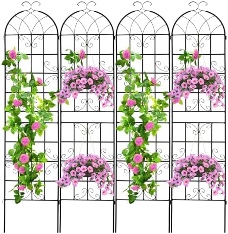 4 Pack 86.2x19.7in Metal Garden Trellis for Climbing Plants,Black Metal Garden Trellis for Vines Plant Rose Vegetable Support,Large Decorative Outdoor Trellis by ZBPRESS