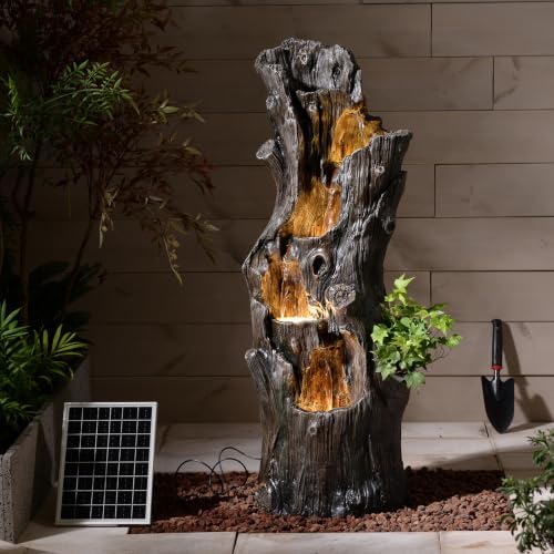 Solar Powered Tree Stump Water Fountain with LED Lights Waterfall Feature - Image 4