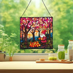 Gnome in Peach Grove Stained Glass Suncatcher – Square Hanging Window Panel for Home or Greenhouse – Whimsical Glass Art Gift for Garden Lovers, Christmas, Halloween, Father Days HTHgCN - Image 2