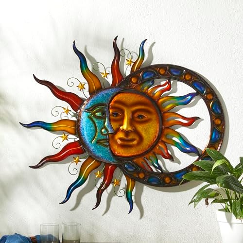 Glitzhome Sun and Moon Wall Decor, 33.5 Inch Celestial Metal Wall Art with Glossy Color Finish and Antique Details, Outdoor Sun and Moon Decor for Garden Porch Patio Home - Image 6