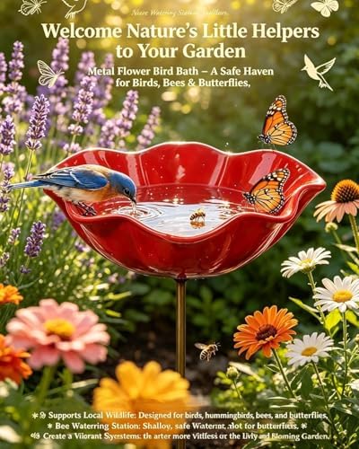 Handmade Metal Flower Garden Stakes Bird Bath, Bee Watering Station Butterfly Feeder with Colorful Flower Design Pollinator Hummingbird Water Bowl Puddler with Stand for Outdoor Yard Decor(Set 7) - Image 2