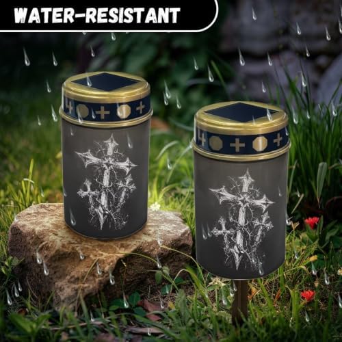 Poceacles Solar Powered Outdoor Lights Cemetery Solar Memorial Lights Outdoor Waterproof Landscape Candles for Yard Patio Lawn Home Decor, Cross Print Black, Set of 4 - Image 6