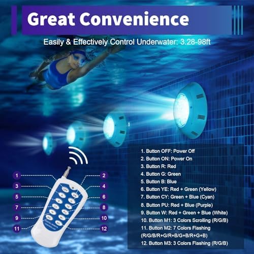 45W 12V LED Pool Light 2500LM RGB Color-Changing Waterproof IP68 Underwater LED Lights 120° Swimming Pool Fountain Pond Colorful Lamp with Remote Controller - Image 6