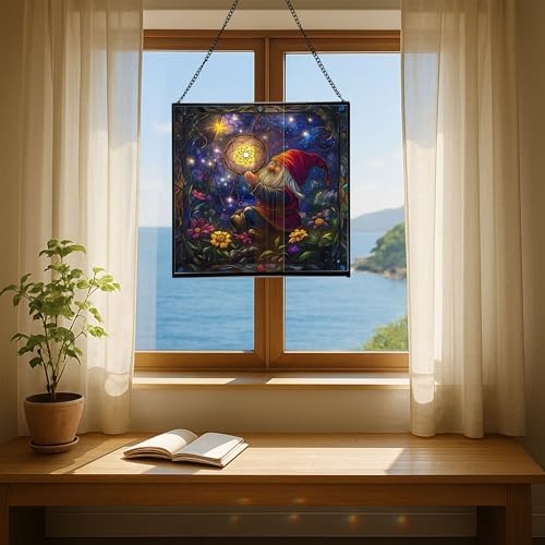 Gnome with Dreamcatcher Stained Glass Suncatcher – Square Hanging Window Panel for Home or Greenhouse – Whimsical Glass Art Gift for Garden Lovers, Christmas, Halloween, Father Days vrZDDK - Image 6