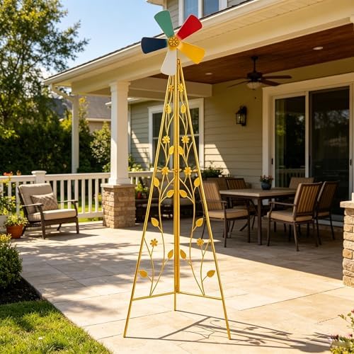 6.2ft Metal Garden Windmill for Yard - Garden Decor Wind Spinners Outdoor, Large Colorful Whirligig Spinners Wind Sculpture Weather-Resistant for Patio Farm Coastal Areas Yellow by NAICKUC