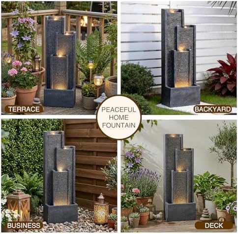Bumilgar 39" Modern Outdoor Water Fountain with LED Lights – Grey Tiered Geometric Indoor Waterfall Fountain for Garden, Lawn, Porch or Backyard Décor, Floor Standing Resin Patio Water Feature Outside - Image 4