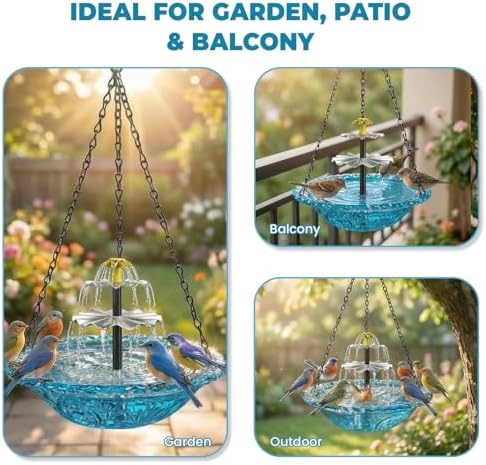 Solar Bird Bath Fountain, Hanging Bird Bath with Solar Powered Water Fountain, Outdoor Bird Bath Bowl with Chain Hook, Garden Patio Balcony Decor, Attract Birds & Keep Water Fresh (Blue) - Image 4