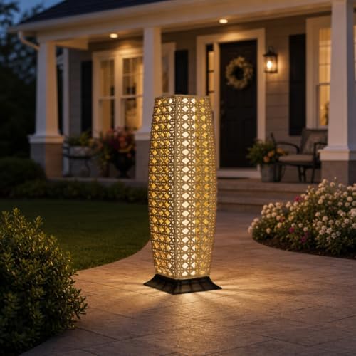 Grand patio 2-Piece Outdoor Floor Lamp Solar Lantern, Water-Resistant Wicker Boho Patio Light with 50/100 Lumens Dual Brightness & Memory Mode for Garden Porch Deck Decor, Large Diamond Natural - Image 7