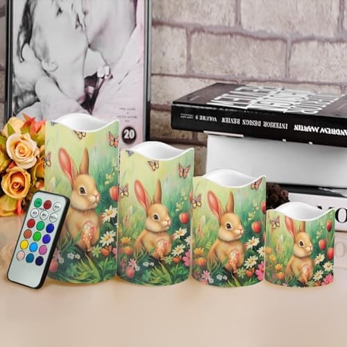 Easter Bunny Floral Flameless Candles LED Pillar Candles Battery Operated Candles with Remote and Timers Color Changing Electric Fake Plastic Candles Easter Decoration Set of 4 - Image 4