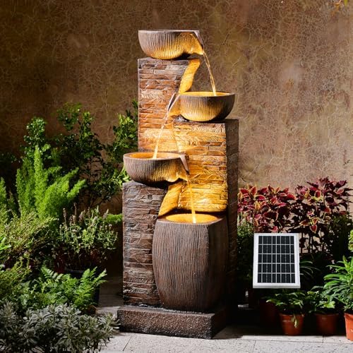 Solar Water Fountain Outdoor Garden 4 Tiers Stone Texture Modern Fountains by KAISOKUFOUNTAIN