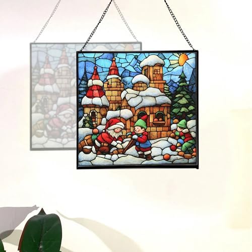 Gnome with Snow Fort Stained Glass Suncatcher – Square Hanging Window Panel for Home, Garden, Nursery, Halloween, Christmas, Memorial Day – Whimsical Glass Art Gift for Gnome Lovers l8j02f - Image 4