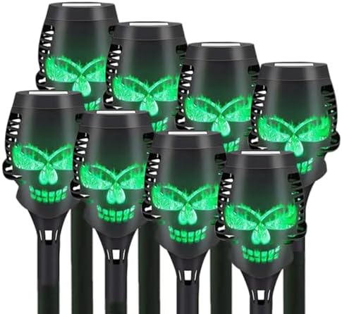 8 Pcs Halloween Solar Flame Lamps, LED Solar Flame Lamps, Dancing and Flickering Flame Torch Lamps, Outdoor Courtyard Waterproof Skull Decoration Lamps (Green) by BuyNow